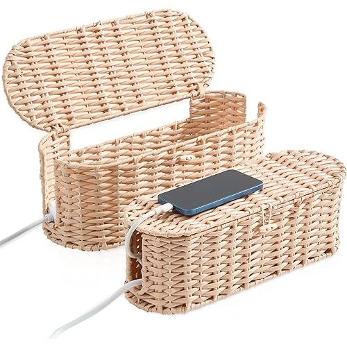 FairyHaus Cable Management Box 2Pack Cream, Handwoven Large and Small Cable Organizer Box Cover to Hide Cords and Power Strip, Imitation Wicker Cord Organizer Box Hider for Office Desk and Floor