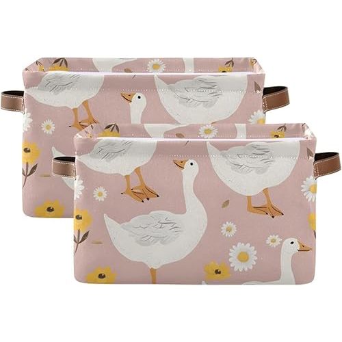 Foldable Storage Basket with Handles Cute Cartoon Goose Fabric Kitchen Baskets Open Home Storage Bins Boxes Organizer Bag for Baby Cloth Pet Toy Book Shelf Closet Baskets 2 Pcs