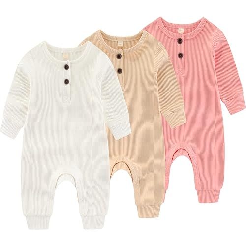 Newborn Baby Boys Girls One Piece Romper With Mitten Cuffs 3 Pack Long Sleeve Ribbed Button Jumpsuit Outfit Clothes