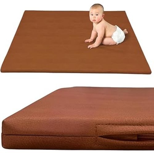 Premium Large Vegan Leather 1.4 Inch Thick Padded Baby Play Mat – Soft, Cushioned, Non-Toxic, and Easy to Clean, Brown, Large Size, Faux Leather Playmat (48" x 48")