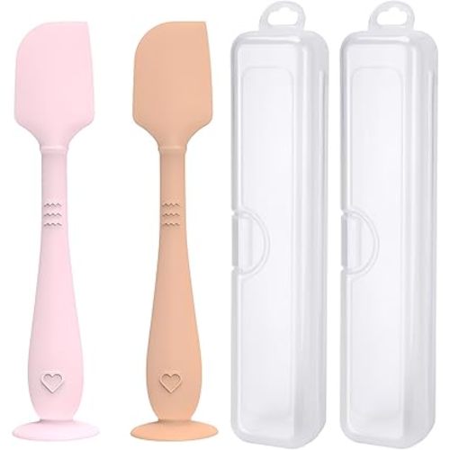2 Pack Diaper Cream Spatula with Hygienic Travel Case, Butt Spatula Baby with Suction Base, Baby Butt Paste Spatula, Soft Silicone Diaper Rash Cream Applicator Large Size (Pink & Brown)