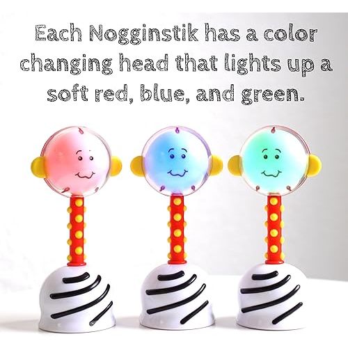 NogginStik Light-up Developmental Rattle - Color Changing, Textured for Grasping, Mirror & Rattle Sound - Sensory Toy for Babies, Ages 0-12 Months