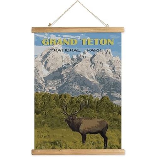 MIDEFINCH Vintage Grand Teton National Park Poster with Wooden Frame Wall Decor Retro National Park Patterns Printed on Linen Canvas Art for Bedroom Living Room Decor.(12 X 16 inches)