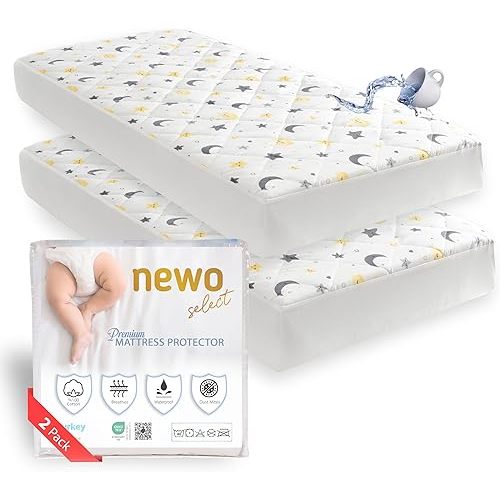 Waterproof Crib Mattress Protector Sheets,%100 Cotton Fabric, Absorbent Crib/Toddler Mattress Protector, Quilted, Certified, Noiseless Machine Wash, Moon&Star Pattern 52"x28" (Small Single, 2, Pack)