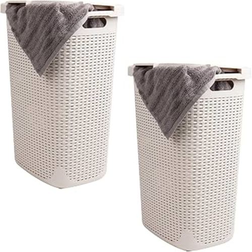Mind Reader 60L Slim Laundry Hamper, Clothes Basket, Lid, Wicker Design, Plastic, 17.65"L x 13.75"W x 24.15"H, Set of 2, Ivory