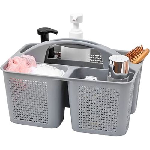 UUJOLY Plastic Portable Shower Caddy Bucket, Cleaning Shower Basket with Handle Compartments Storage Organizer for Bathroom Kitchen College Dorm Sink, Grey