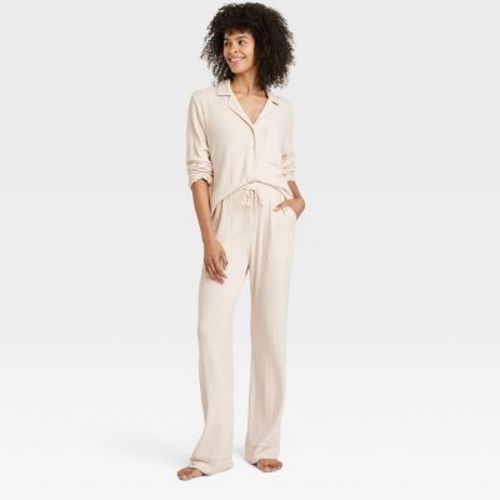 Women's Cozy Ribbed Long Sleeve Notch Collar Shirt And Pants Pajama Set - Auden™ Oatmeal L