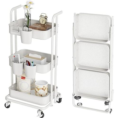 DTK 3 Tier Foldable Rolling Cart, Metal Utility Cart with Lockable Wheels, Folding Storage Trolley, 3 Small Baskets and 6 Hooks for Living Room, Kitchen, Bathroom, Bedroom and Office, White