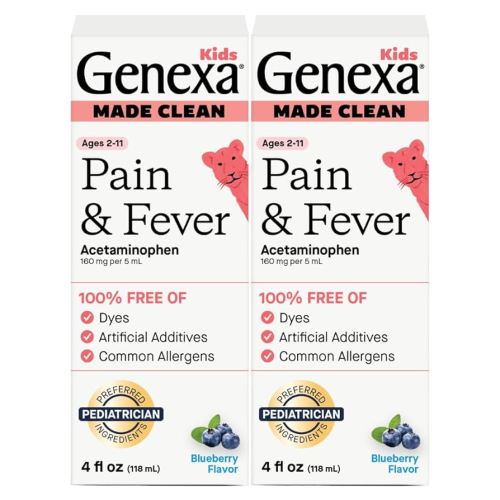 Genexa Children's Clean Acetaminophen | Pain & Fever Reducer for Kids | Kids Medicine, Dye Free Acetaminophen, 0% Artificial Additives | Ages 2-11, Delicious Organic Blueberry Liquid, 8 fl oz (2 Pack)