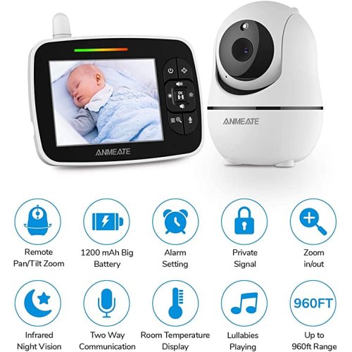 ANMEATE Baby Monitor with Remote Pan-Tilt-Zoom Camera,Large Display Video Baby Monitor with Camera and Audio |Infrared Night Vision |Two Way Talk | Room Temperature| Lullabies and 960ft Range（Black）