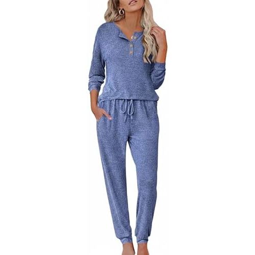 Ekouaer Womens Pajama Sets Long Sleeve Lounge Set 2 Piece Pj Sets for Women Henley Neck Casual Sleepwear Loungewear S-XXL