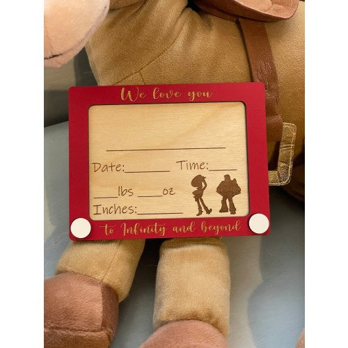 Toy themed birth stat photo prop announcement