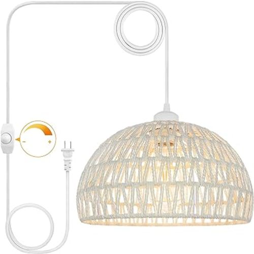 SLYYMY Plug in Pendant Light, 15FT Hemp Rope Cord,Hanging Light with Plug in Cord Rattan Hanging Lamp Wicker Woven Basket Lampshade, Industrial Plug in Ceiling Light Fixture for Kitchen (Cream)