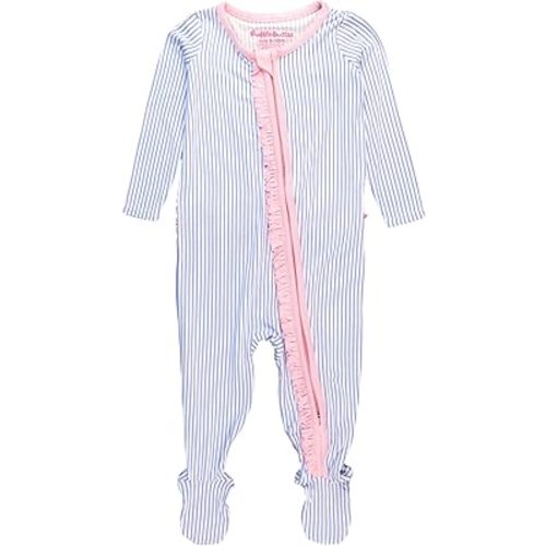 RuffleButts Periwinkle & White Micro Stripe Ruffle One Piece Footie PajamasJewelry