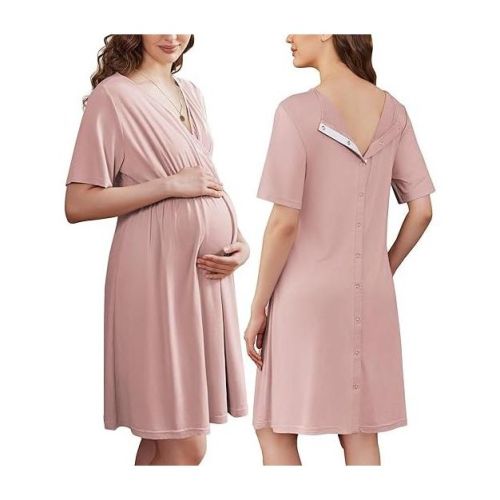 Ekouaer Labor and Delivery Gown for Hospital Short Sleeve Maternity Nursing Dress Nightgown with Button Mauve L