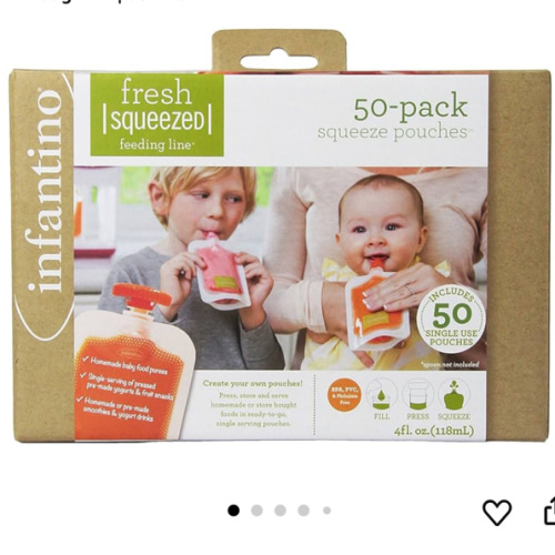 Infantino Disposable Squeeze Pouches - Pack of 50 Disposable Pouches for Portable Homemade semi-Solid Food for Babies and Toddlers, BPA and PVC Free, Freezer Safe