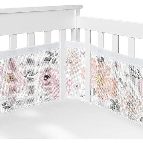 Sweet Jojo Designs + BreathableBaby 2-Piece Breathable Mesh Crib Liner Set (Pink/Grey Boho Floral) for Girls, Baby, Infants/Newborn Anti-Bumper (Watercolor, Farmhouse, Flower, Elegant Rose, Nature)