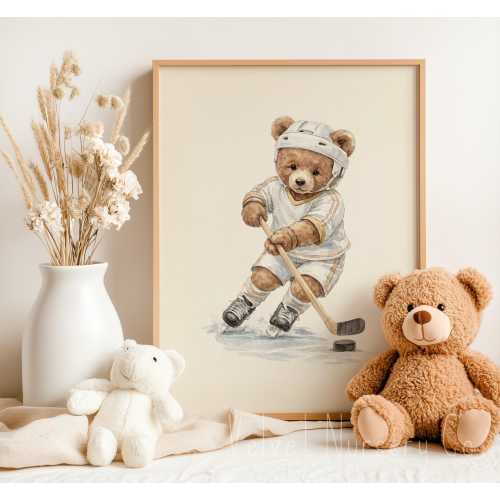 Vintage Teddy Bear Ice Hockey Wall Art, Neutral Bear Décor for Nursery, Kids Room & Hockey Sports Lovers (Digital Download)