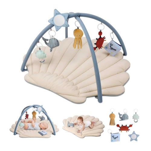 Blissful Diary Shell Baby Play Gym Mat, Softer & Enlarged Tummy Time Mat w 6 Detachable Toys for Sensory & Motor Skill Development, Activity Mat for Newborn Essentials Shower Gift, Boho Ocean Theme
