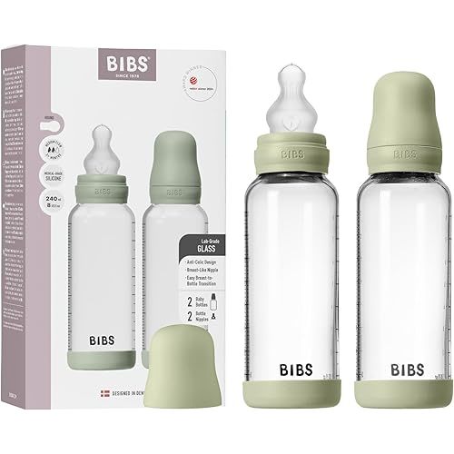 BIBS Glass Baby Bottle, 240 ml, 2-Pack, Silicone Nipple, Sage