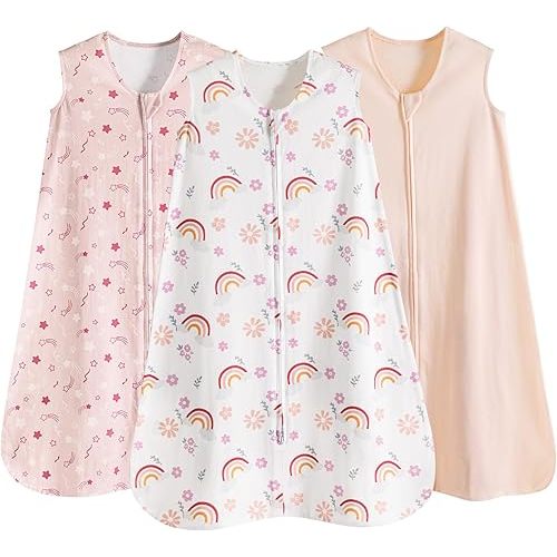david's kids 3 Pack 100% Cotton Baby Sleep Sack 6-12 Months, Ultra Soft Baby Wearable Blankets with 2-Way Zipper, Comfy Sleeping Bags for Infant Newborn Boys Girls Neutral, Medium Size, Pink Floral