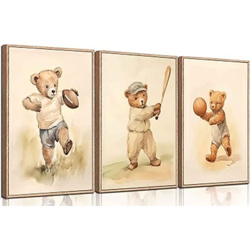 3Pcs Teddy Bear Sports Nursery Animal Canvas Wall Art Cute Woodland Baby Bear Rugby Wall Decor Pictures Football Basketball Baseball Kids Room Posters Prints for Children Bedroom Decoration No Frames