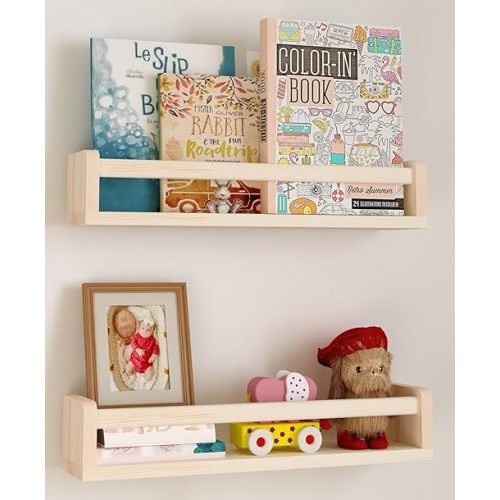 Heimlove Nursery Floating Shelves, Solid Wood Nursery Book Shelves for Wall, 16 inch Bookshelf for Kids, Mounted Shelves for Books,Toys and Decor Storage, Set of 2