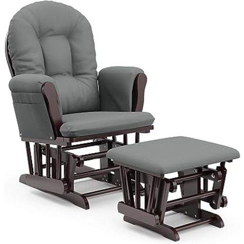 Storkcraft Premium Hoop Glider and Ottoman (Espresso Base, Gray Cushion) – Padded Cushions with Storage Pocket, Smooth Rocking Motion, Easy to Assemble, Solid Hardwood Base