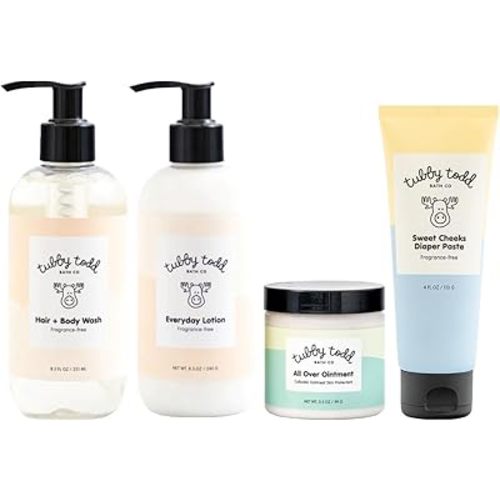 TUBBY TODD Baby Bath & Skincare Kit - The Baby Bundle - Baby Shampoo and Body Wash, Everyday Lotion, All Over Ointment & Diaper Paste Cream Gift Set - Standard Size Fragrance-Free