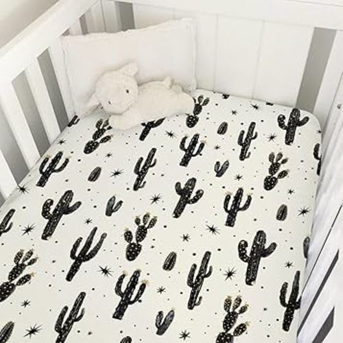 Boho Cactus Baby Crib Sheet 52''x28'' Retro Black Golden Cactus Fitted Crib Mattress Cover Wild Cactus Soft Baby Sheet for Boy Girl Western Plants Nursery Bedding for Standard Crib Toddler Mattress
