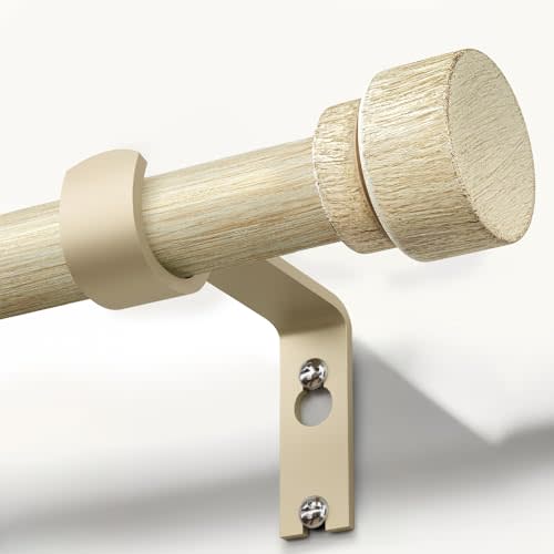Lootkell White Oak Wood Curtain Rods for Windows 28 to 48 1" Diameter Boho Decorative Heavy Duty Window Curtain Rod Adjustable with Handmade Wood Grain Design for Living Room Bedroom Kitchen Farmhouse