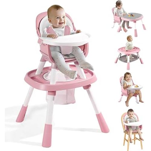 9-in-1 Baby High Chair, Convertible Highchairs for Babies and Toddlers, Booster Seat, Kids Table & Chair Set, Building Block Table, Activity Center, Adjustable Safety Harness & Removable Tray, Pink