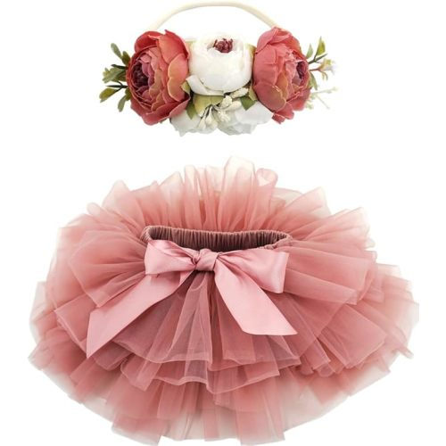 BGFKS Baby Girls Soft Fluffy Tutu Skirt with Diaper Cover,Toddler Girl Tutu Skirt Sets with Flower Headband.