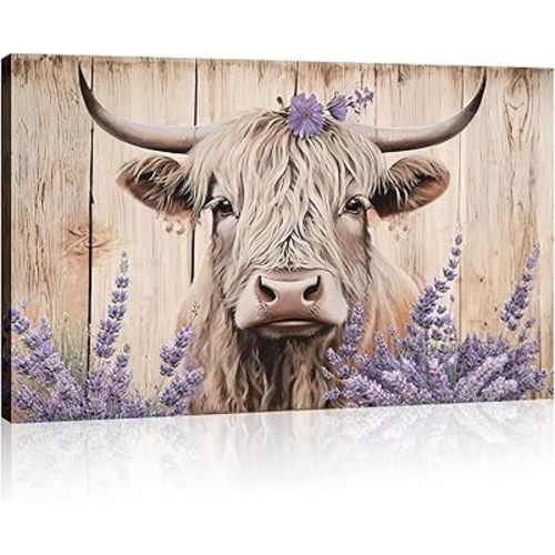 Canvas Wall Art Highland Cow Wall Decor Rustic Farmhouse Animal Painting Cattle and Purple Flowers Pictures Wood Background Prints Framed Artwork for Home Decor Ready to Hang(Cow-8,12.00"x18.00")