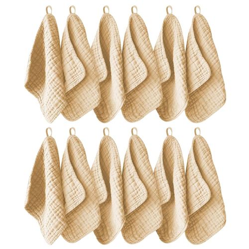 12 Pack Muslin Washcloths for Baby - 100% Cotton Baby Wash Cloths for or Baby Face Body Comfy and Soft for Newborn Infants Kids Girls and Boys - 12"x12" - Brown