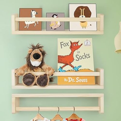 Floating Book Shelves for Wall, 16.5 inch Natural Wood Nursery Shelves for Book Storage, Solid Pine Wooden Floating Bookshelf for Bedroom Living Room, Set of 3, Unfurnished - DIY