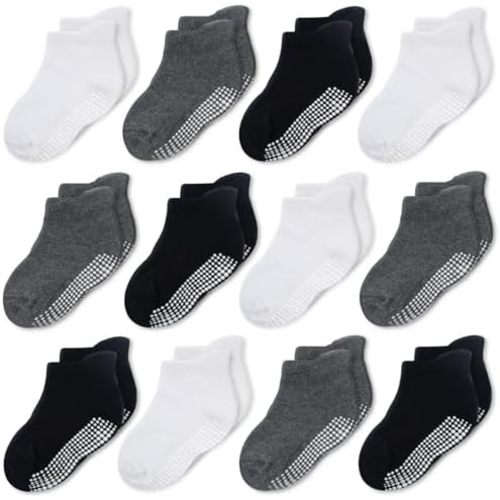 CozyWay Baby & Toddler Socks with Grippers Non Slip Ankle Grip Socks For Boys and Girls - Comfy Soft Cotton - 12 Pack