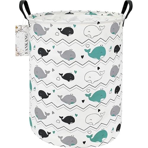 FANKANG Storage Basket, Nursery Hamper Canvas Laundry Basket Foldable with Waterproof PE Coating Large Storage Baskets for Kids Boys and Girls, Office, Bedroom, Clothes,Toys(Whales)