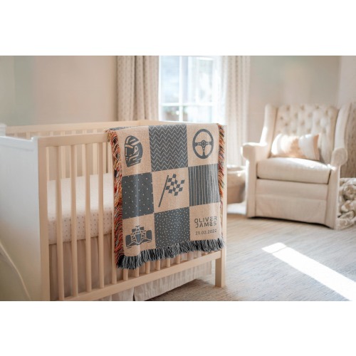 Custom Race Car Baby Blanket: Woven Cotton Nursery Throw