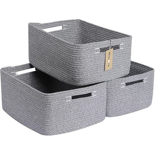 Large Storage Baskets for Shelves, Closet Organizers and Storage Bins for Clothes Blanket Towels, Baby Nursery, Toy Baskets Box, Woven Rope Baskets, 17 x 13 x 7.5”, 3 Packs Mixed Grey