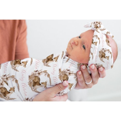 Personalized Baby Girl Deer Swaddle Blanket, Infant Girl Headband, Baby Name Blanket, Boho Floral Deer Girl Swaddle Set, Swaddle Knotted hat