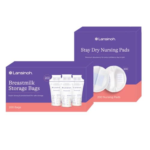 Lansinoh Pump & Protect Breastfeeding Essentials Bundle – 200 Leak-Proof Breastmilk Storage Bags (6 oz, Freezer Safe) + 200 Disposable Nursing Pads for Breastfeeding Moms