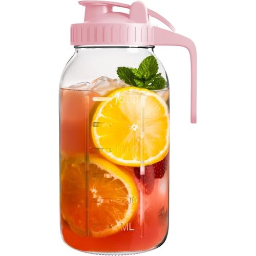 Glass Mason Jar Pitcher, 64 oz Wide Mouth Jug with Pour Spout Handle Lid for Cold Brew Coffee, Ice Beverage, Iced Juice, Lemonade, Sun Tea, Fruit Drinks Container(Pink)