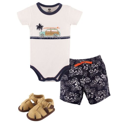Hudson Baby Infant Boy Cotton Bodysuit, Shorts And Shoe 3pc Set, Surf Car, 0-3 Months