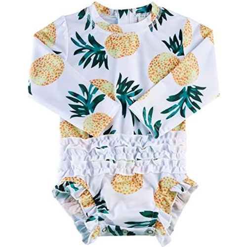 uideazone Baby Girls Rash Guard Swimsuit Long Sleeve One Piece Swimwear UPF 50+ Sun Protection for Toddler 0-24 Months