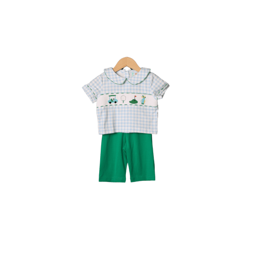 Smocked Hole in One Blue Gingham Pant Set
