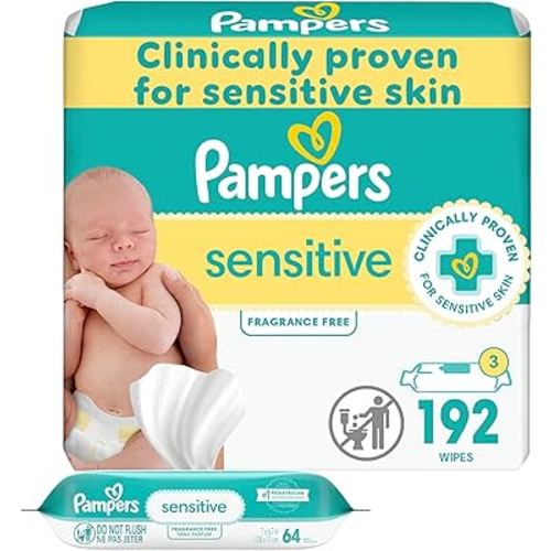 Pampers Baby Wipes Sensitive, Water Based Wipes, Hypoallergenic and Unscented Wipes, 192 Wipes Total (3 Refill Packs)