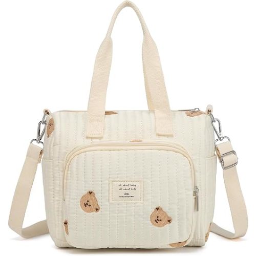 Small Diaper Bag Tote, Crossbody Diaper Bag Mini Purse with 5 Pockets, Travel Baby Bag for Boys & Girls, Off White - Bear