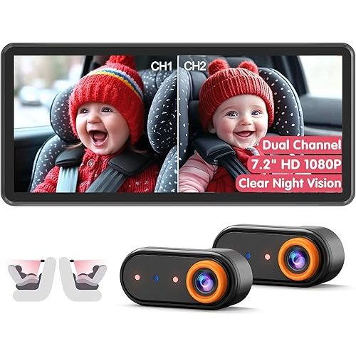 Baby Car Camera for 2 Kids, Dual Channel with 7.2" 1080P Crystal Clear Display, Easily Install Backseat Mirror with 2 IR Night Vision Cameras, Safety Car Baby Camera for Rear Facing