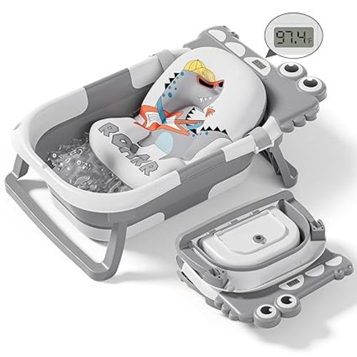 Collapsible Baby Bathtub for Newborn, Foldable Baby Bath Tub with Thermometer & Soft Floating Cushion & Drain Hole, Portable Travel Infant Bath Tubs for Newborns to Toddlers 0-36 Months Boys, Grey